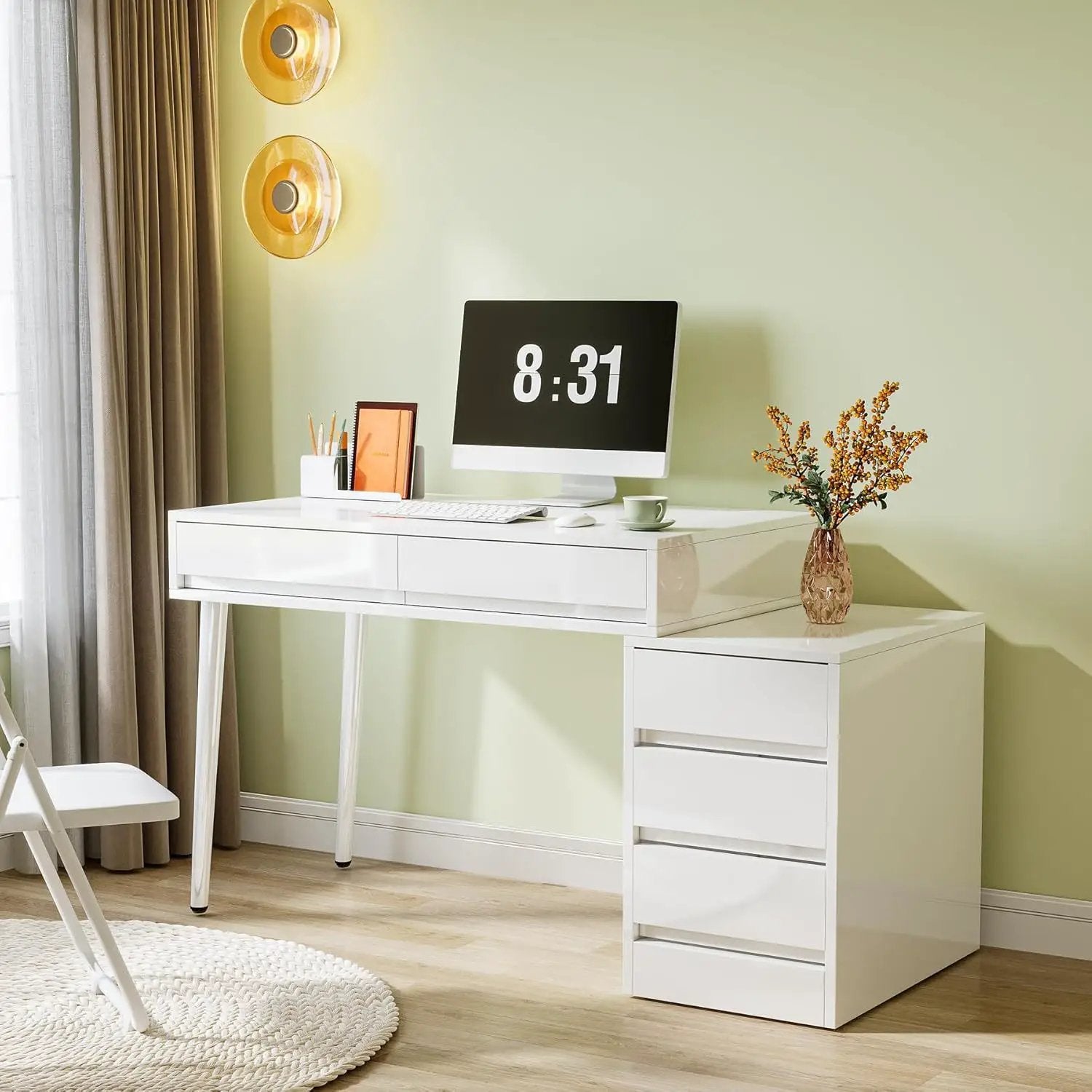 Glossy Desk With 5 Drawers & Printer Stand, Reversible Home Office Computer And Vanity Table For Small Spaces - White by HouseOfZazla