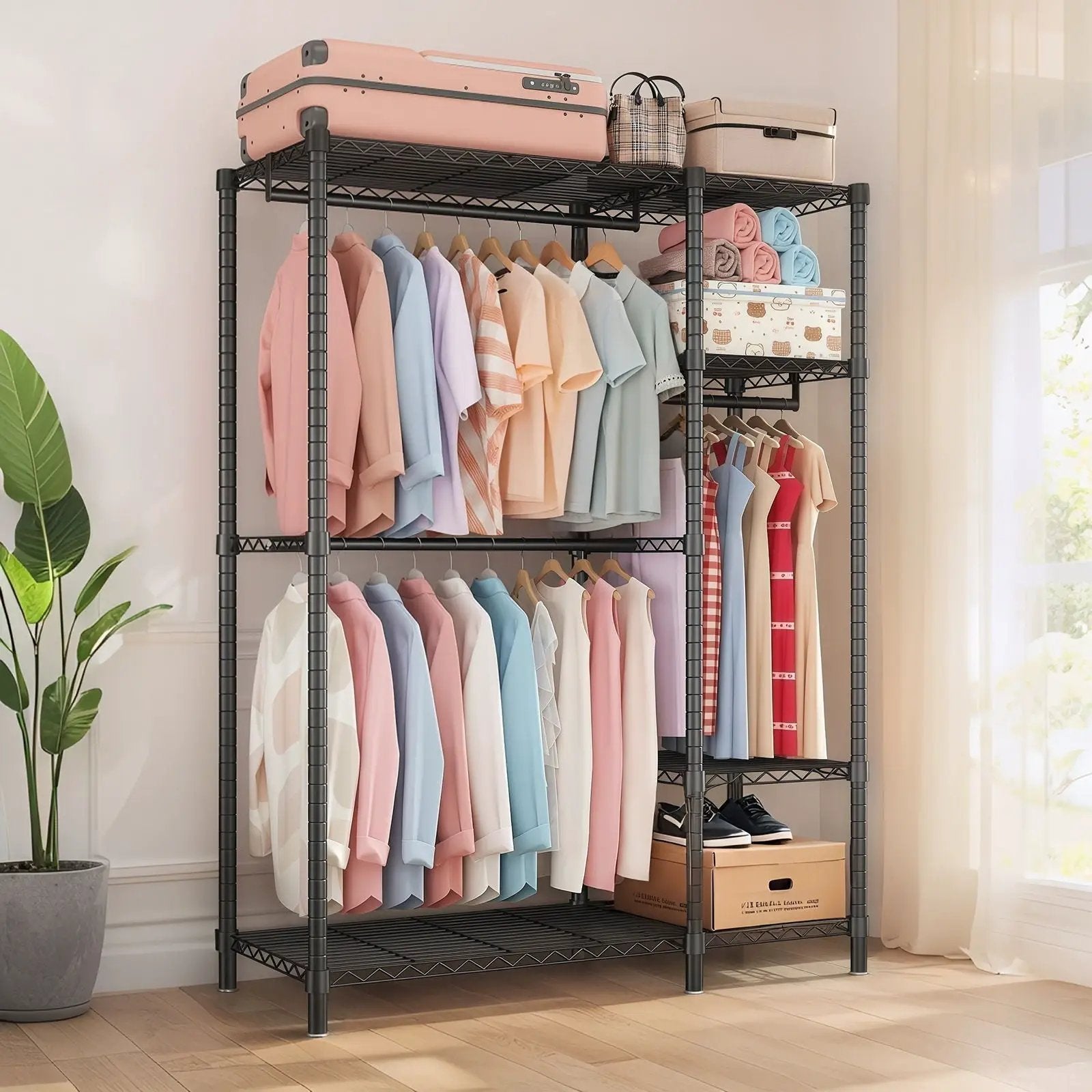 Freestanding Clothes Rack, With 6 Adjustable Wire Shelves And 3 Garment Rails - Black by Unique Piece Furniture