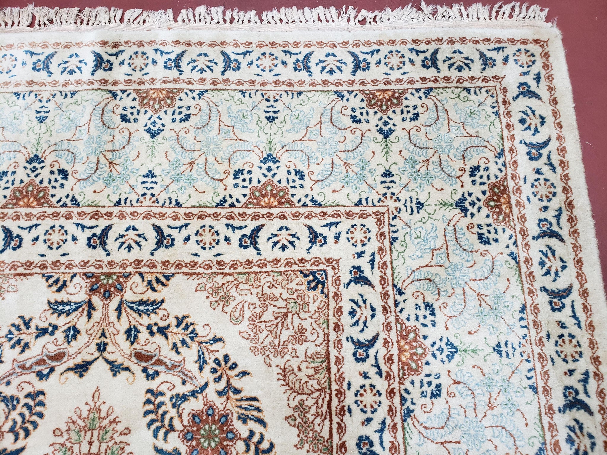 Fine Antique Persian Light Colored Kashan Carpet, 7x12, Top Quality, Rare, Ivory & Blues, Hand-Knotted, Wool by Jewel Rugs
