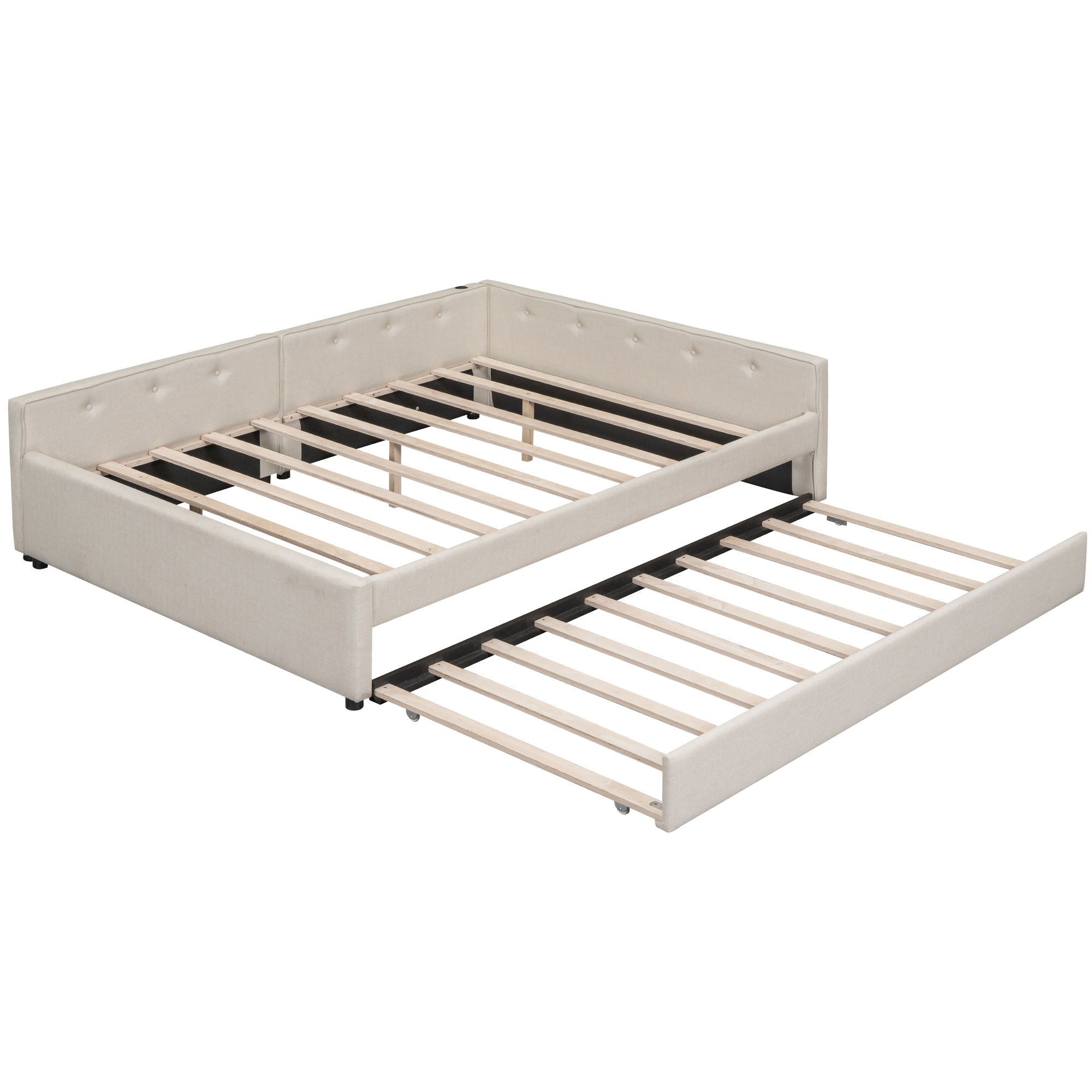 Queen Size Upholstered Platform Bed With USB And Twin Trundle - Beige by HouseOfZazla