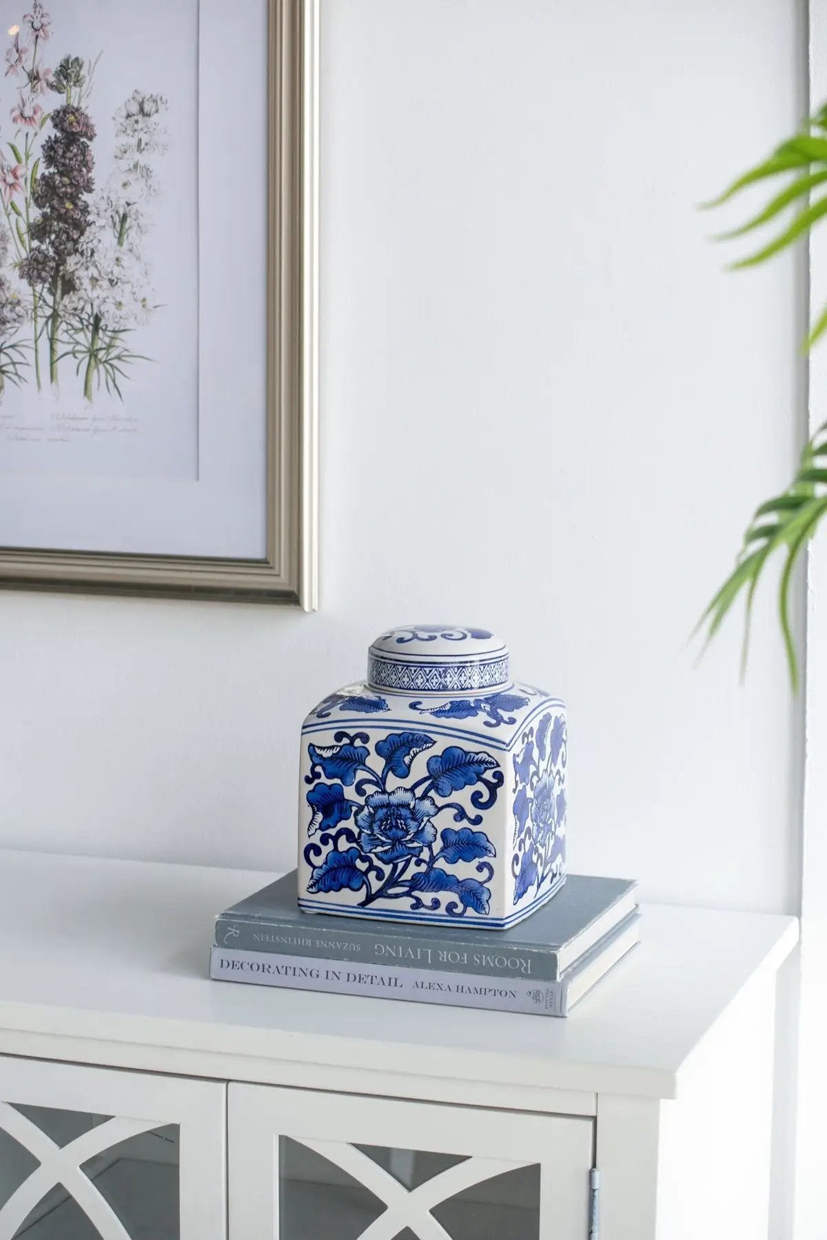 5x5x8' Hand Painted Square Canister with Blue and White Floral Pattern by HouseOfZazla