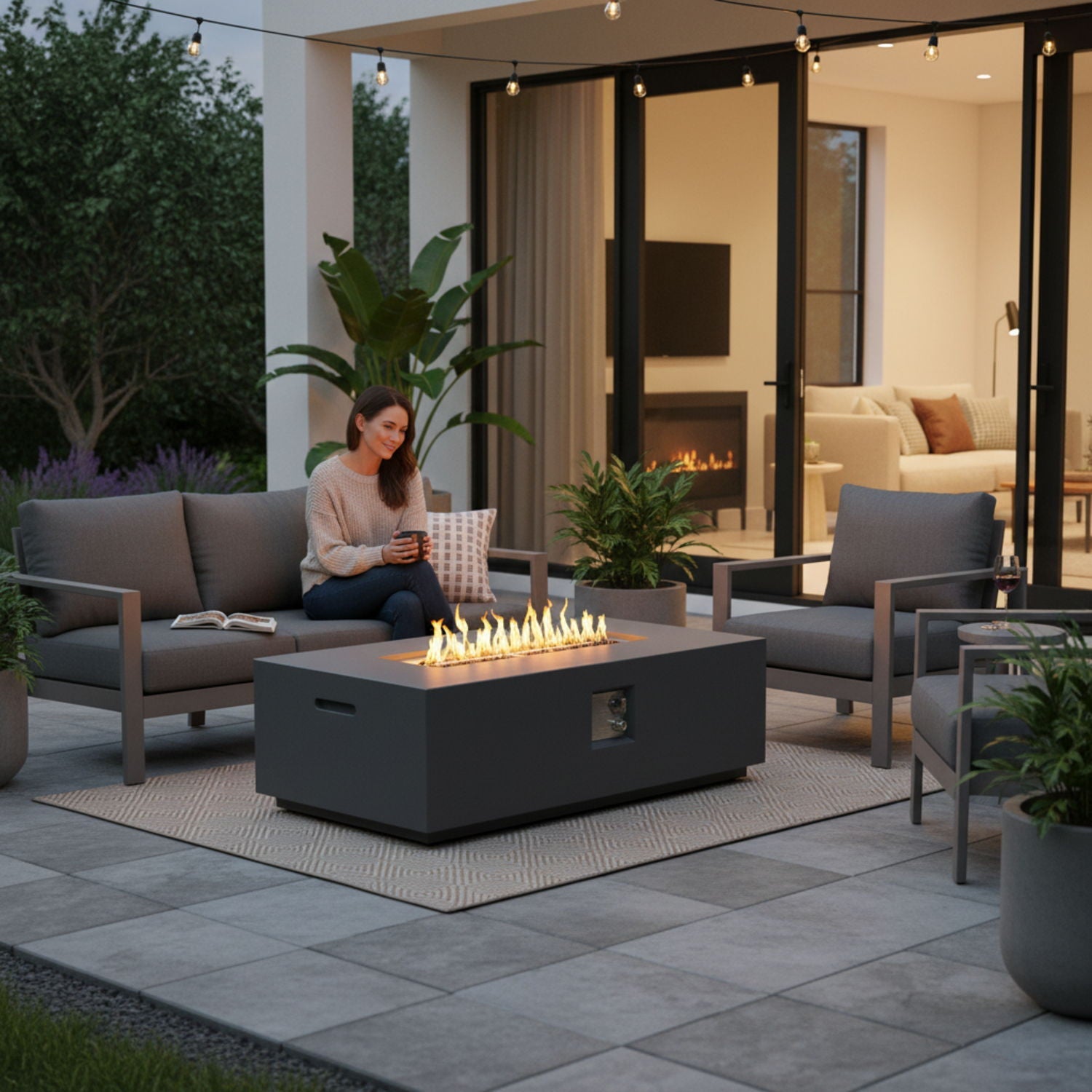 Volon - Rectangular Fire Pit Table, Propane Powered, 50,000 BTU - Light Gray by HouseOfZazla