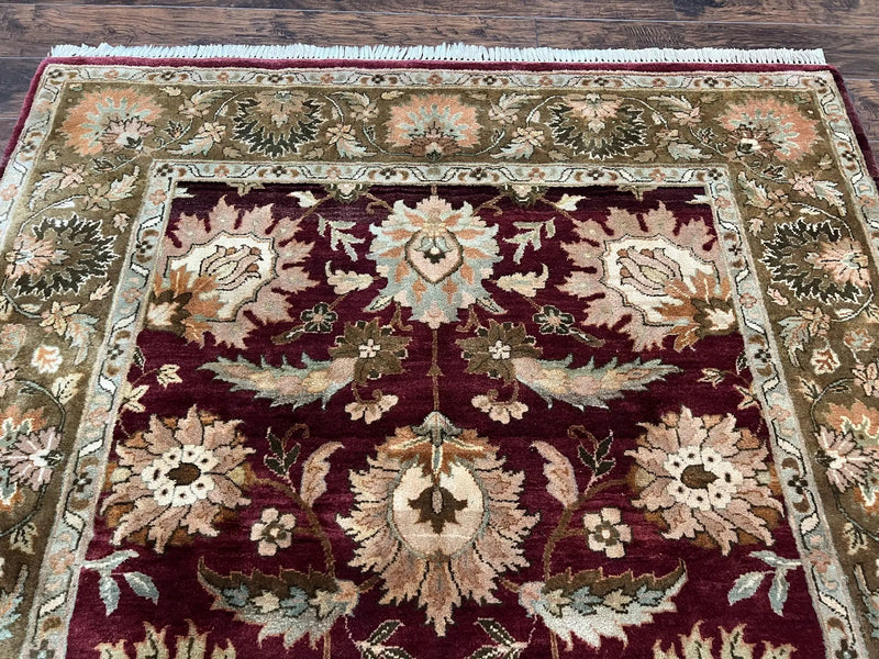 Indo Mahal Rug 6x9, Large Flowers Allover, Maroon and Green, Handmade Wool Area Rug, Vintage Rug, Indian Oriental Carpet, Hand Knotted Rug by Jewel Rugs