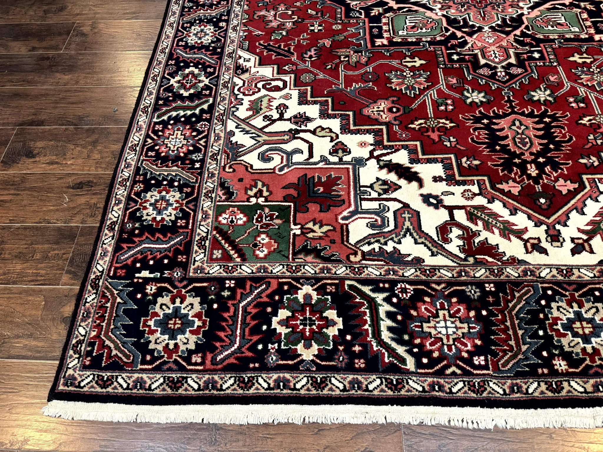Indo Persian Heriz Rug 8x10, Geometric Medallion, Brick Red Ivory Navy Blue, Room Sized Heriz Carpet, Wool Rug by Jewel Rugs
