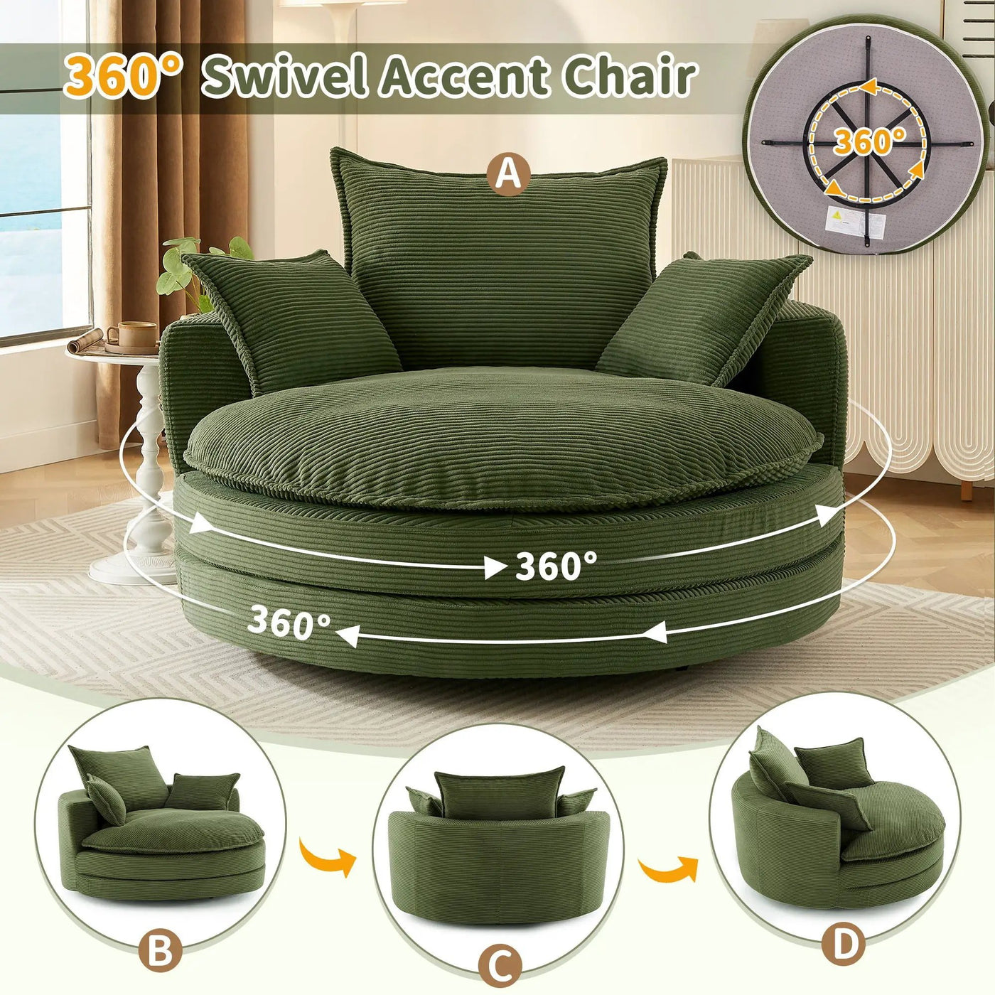 360° Swivel Accent Barrel Chair With Dual Layer Cushion And 3 Removable Pillows by Unique Piece Furniture