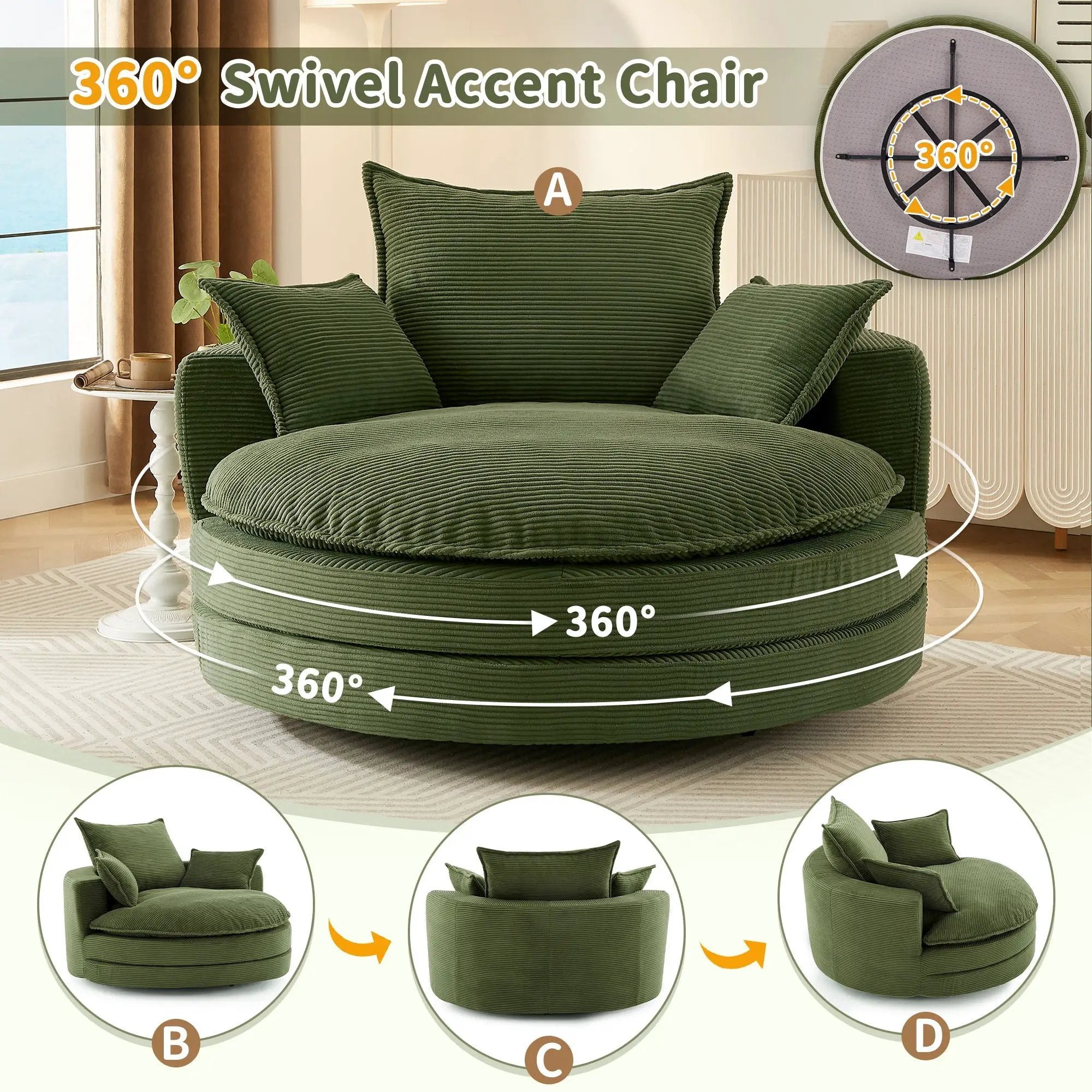 360° Swivel Accent Barrel Chair With Dual Layer Cushion And 3 Removable Pillows by HouseOfZazla