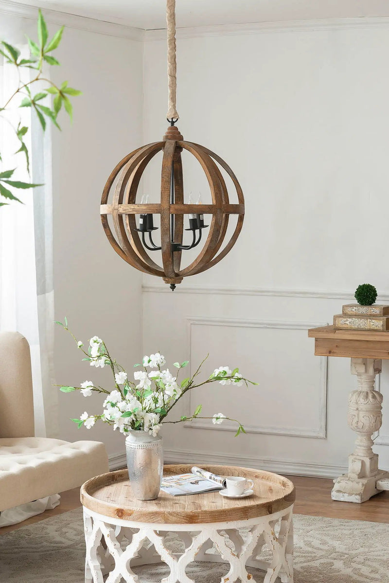4 Light Wood Chandelier, Hanging Light Fixture With Adjustable Chain For Kitchen, Bulb Not Included - Brown by Unique Piece Furniture