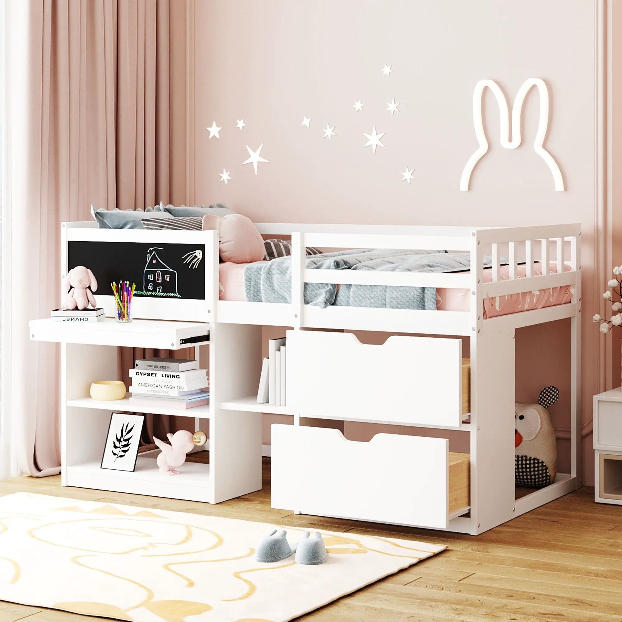Low Loft Bed With Rolling Desk, Shelf And Drawers by Unique Piece Furniture