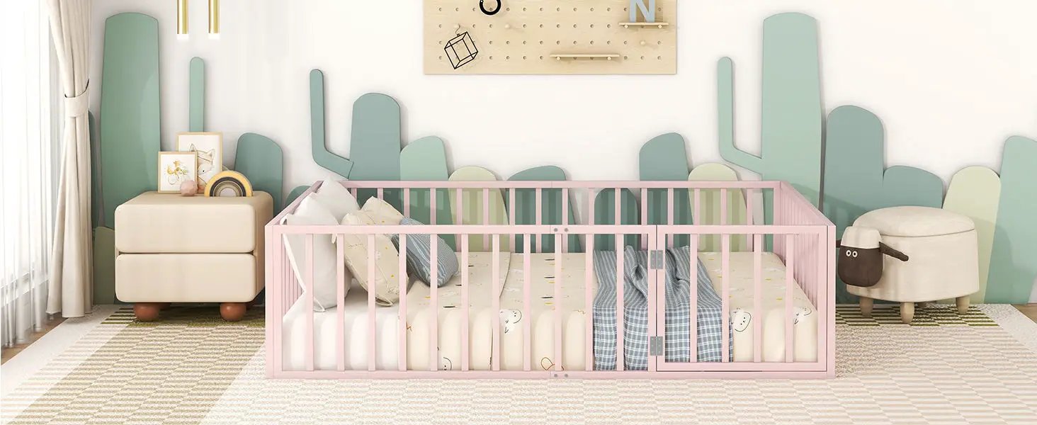 Metal Floor Bed Frame With Fence And Door by HouseOfZazla