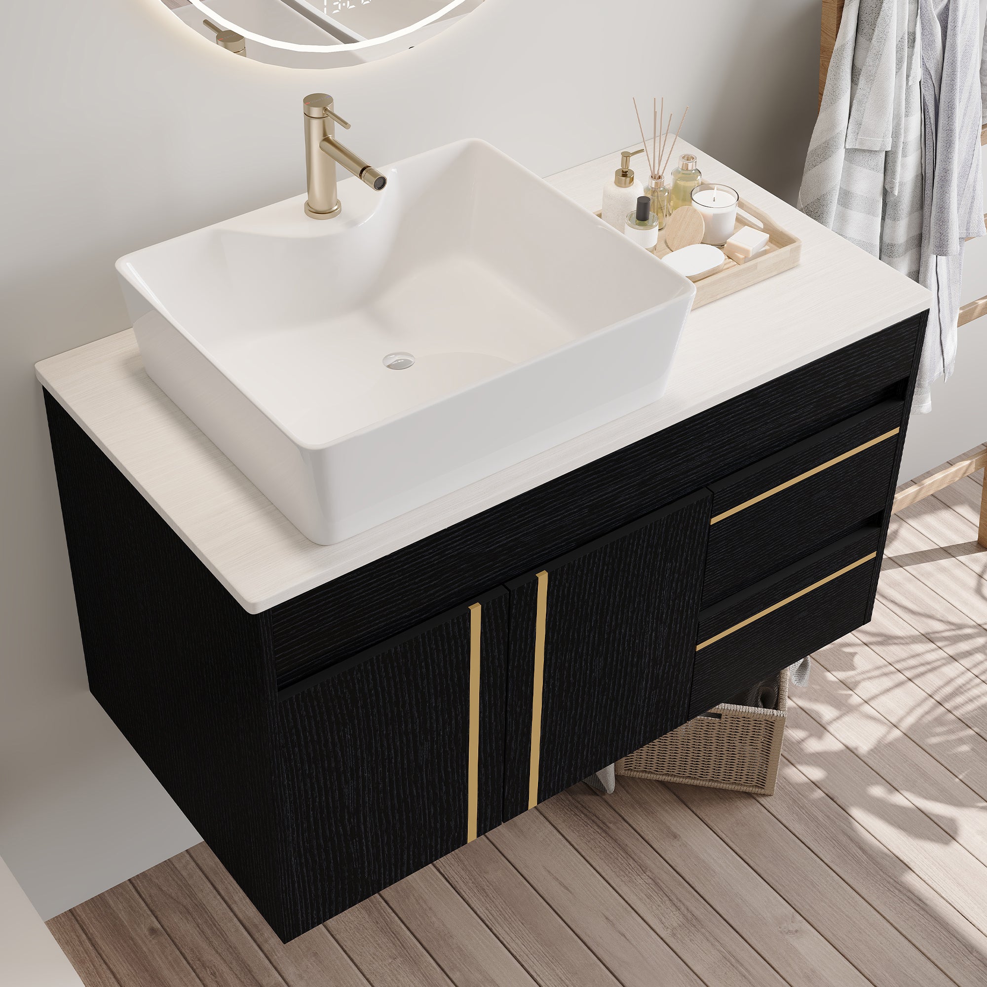 36" Wall-Mounted Bathroom Vanity with Vessel Ceramic Sink & Plywood Countertop by HouseOfZazla