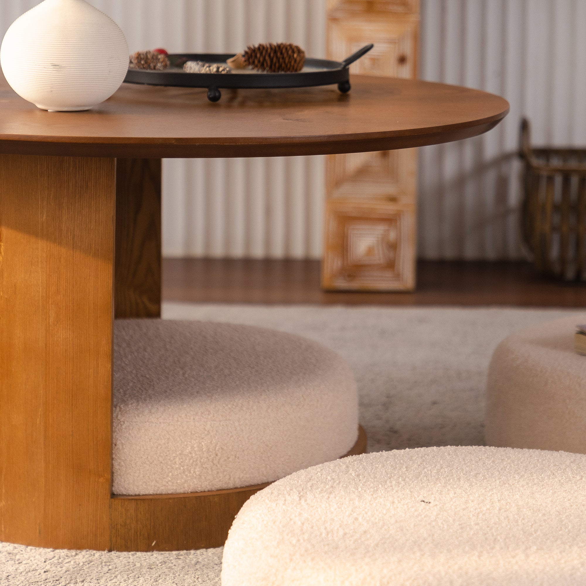 31.5" Round Wood Coffee Table with 3 Teddy Fabric Nesting Stools by HouseOfZazla