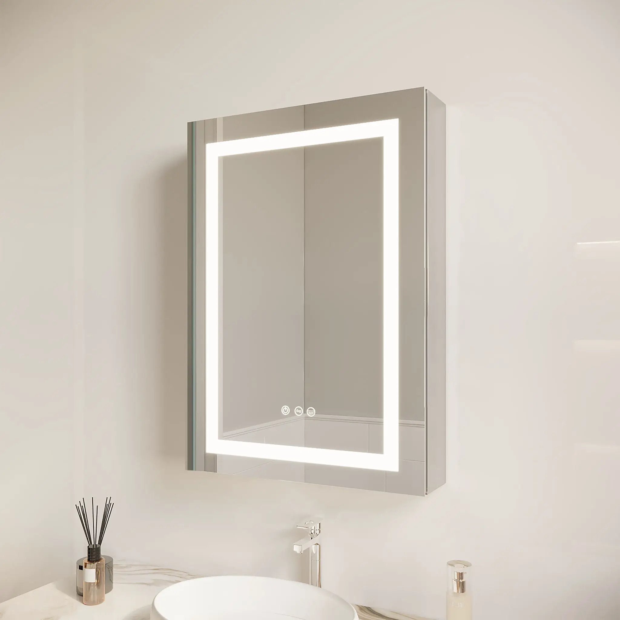Bathroom Medicine Cabinet With LED Mirror, Anti-Fog, Waterproof, 3000K~6000K Single Door Lighted Bathroom Cabinet With Touch Swich by Unique Piece Furniture