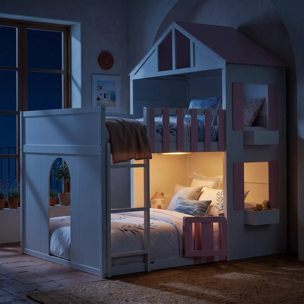 Full over Full House Bunk Bed with Storage - Pink, photo 3 of 10