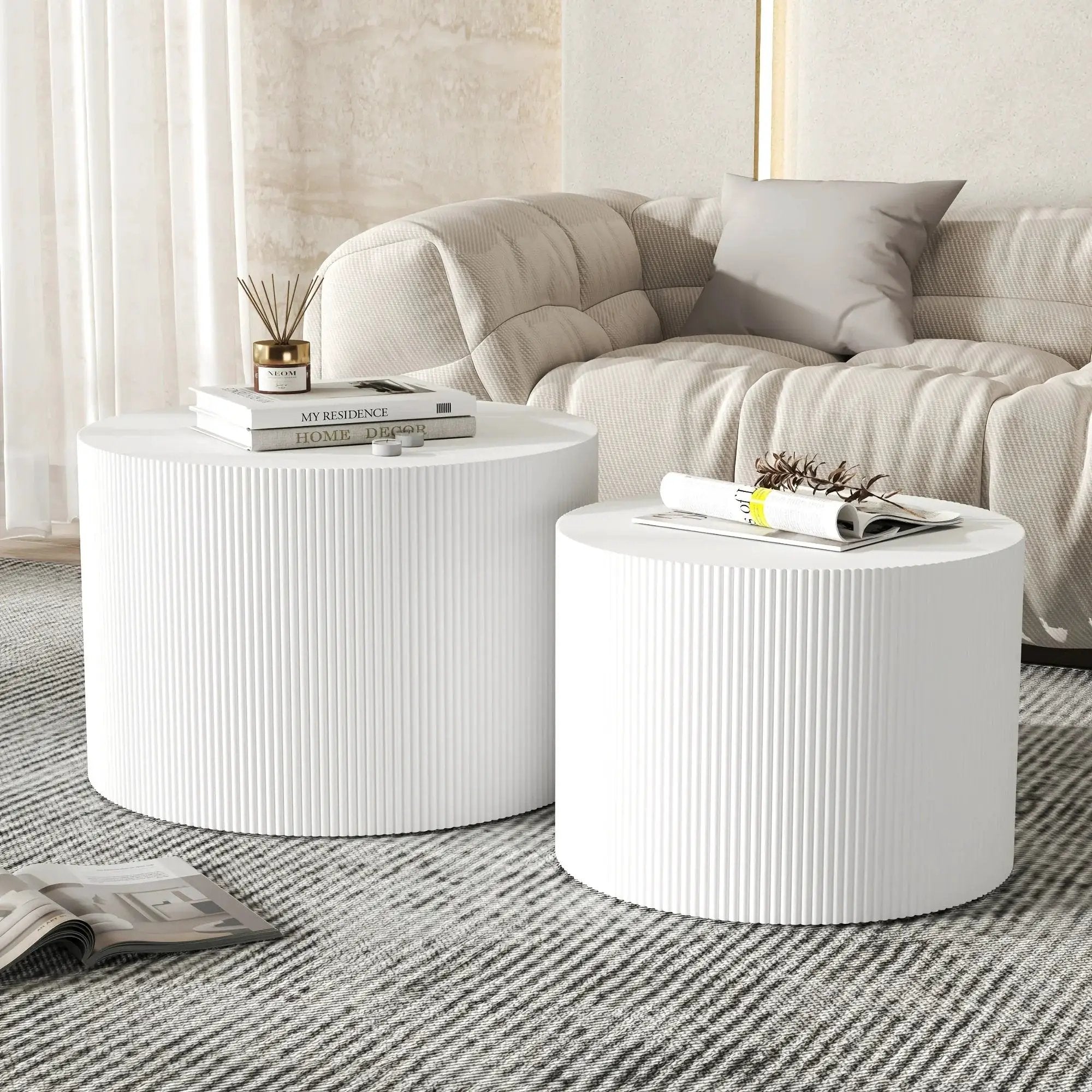23.6" Vertical Grain Round Wooden Coffee Tables, Modern Nesting Coffee Table Set of 2, Indoor Side Table for Small Spaces Living Room, Bedroom, Balcony, Office by House Of Avana
