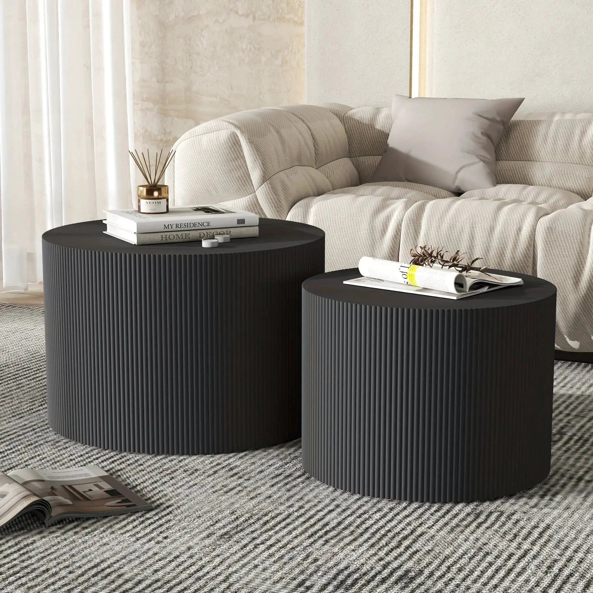 23.6" Vertical Grain Round Wooden Coffee Tables, Modern Nesting Coffee Table Set of 2, Indoor Side Table for Small Spaces Living Room, Bedroom, Balcony, Office by House Of Avana