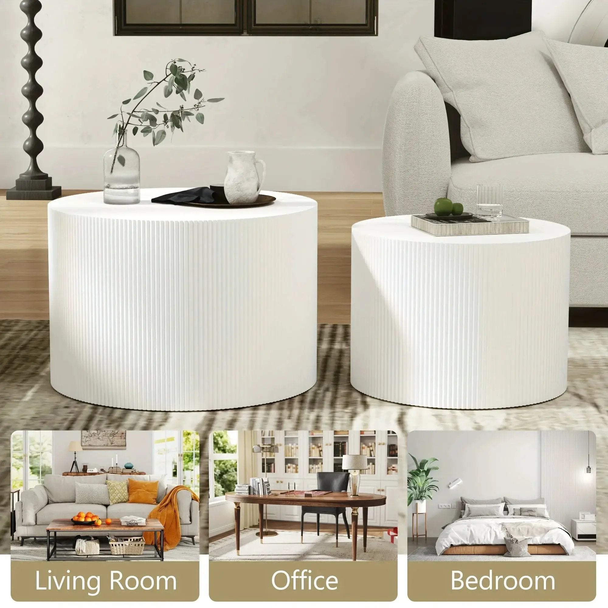 23.6" Vertical Grain Round Wooden Coffee Tables, Modern Nesting Coffee Table Set of 2, Indoor Side Table for Small Spaces Living Room, Bedroom, Balcony, Office by House Of Avana