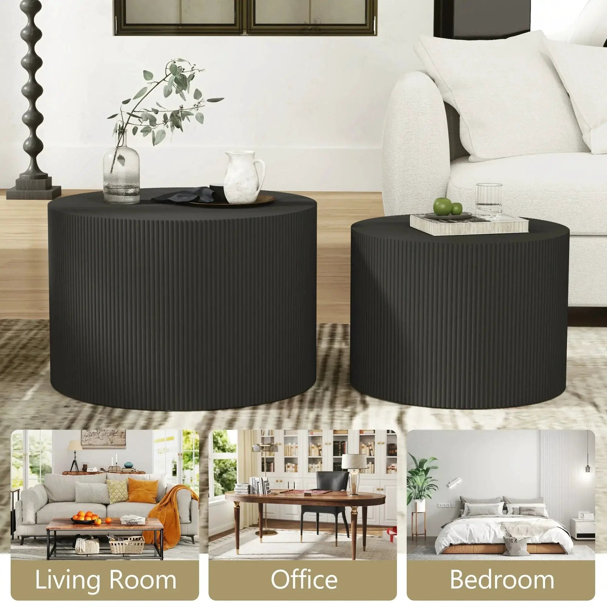 23.6" Vertical Grain Round Wooden Coffee Tables, Modern Nesting Coffee Table Set of 2, Indoor Side Table for Small Spaces Living Room, Bedroom, Balcony, Office by House Of Avana