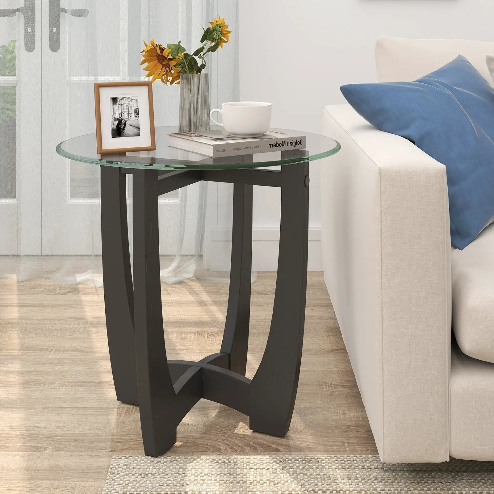 23.5 Inch Round End Side Table with Tempered Glass Tabletop-Black by DirectDeals