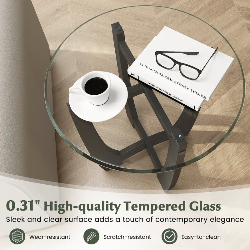 23.5 Inch Round End Side Table with Tempered Glass Tabletop-Black by DirectDeals