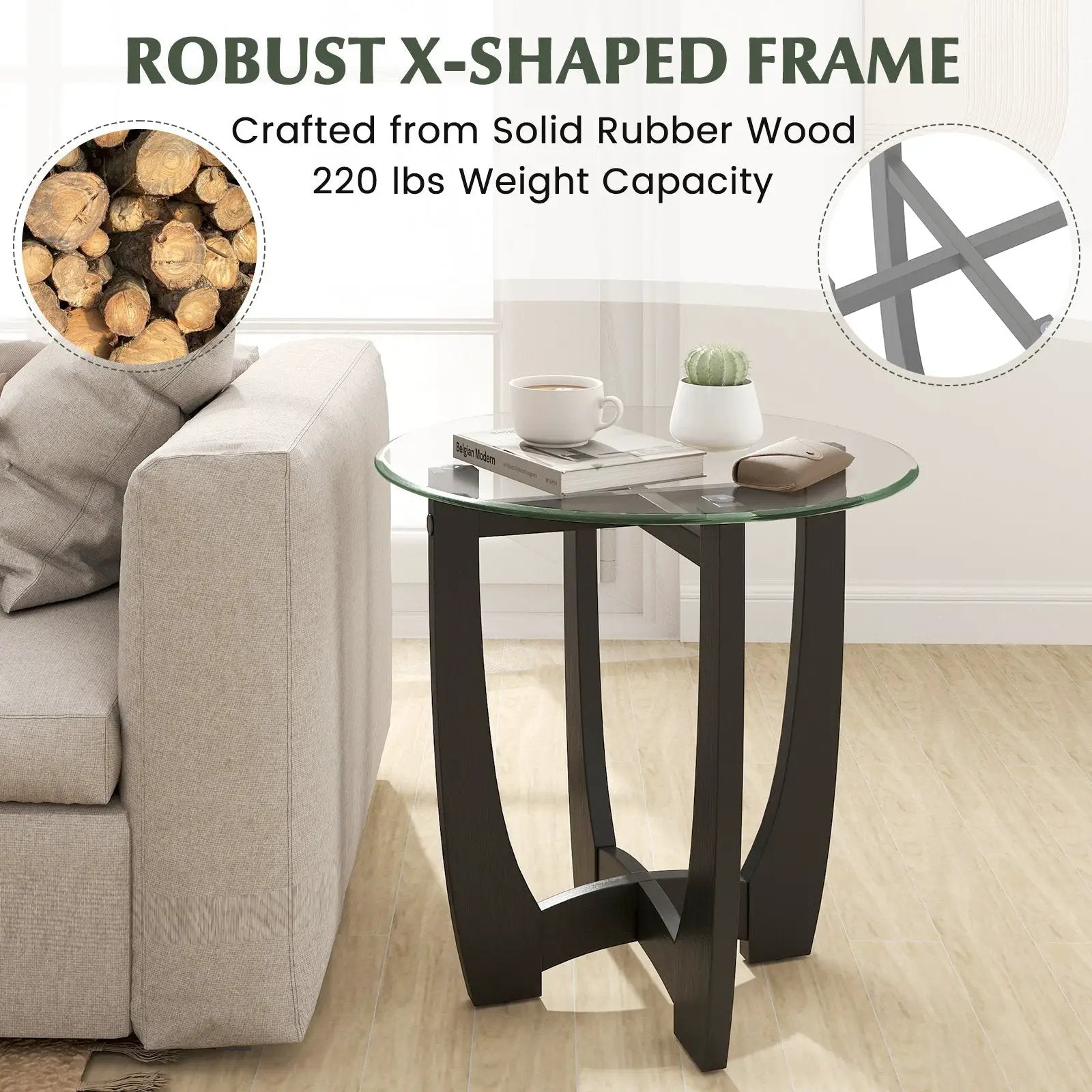 23.5 Inch Round End Side Table with Tempered Glass Tabletop-Black by DirectDeals