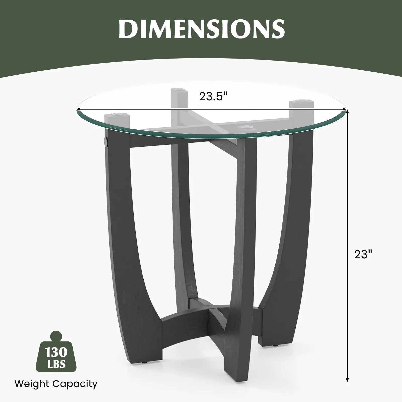 23.5 Inch Round End Side Table with Tempered Glass Tabletop-Black by DirectDeals