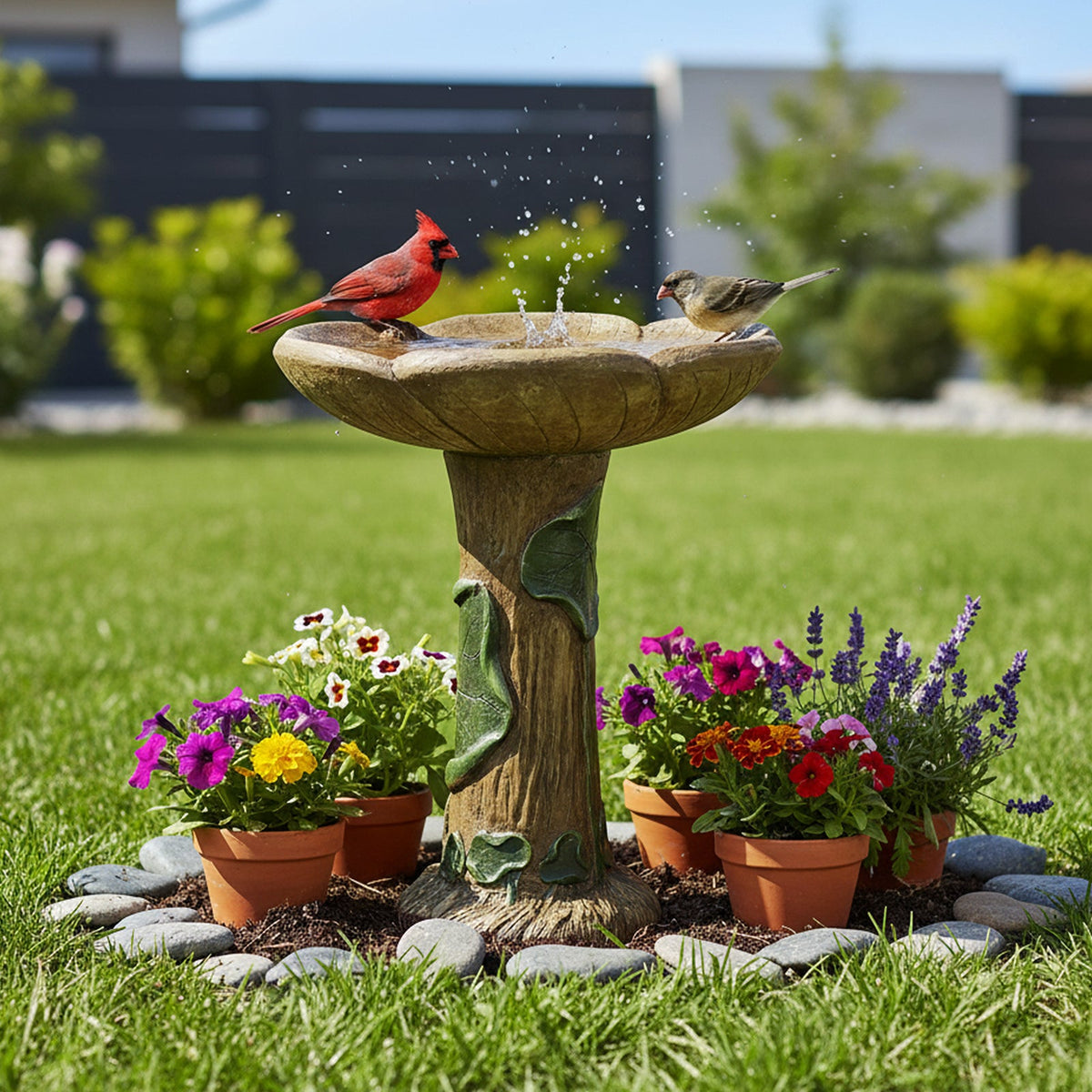 Concrete Rustic Bird Bath Carved Trunk 24 Inch, photo 2 of 12