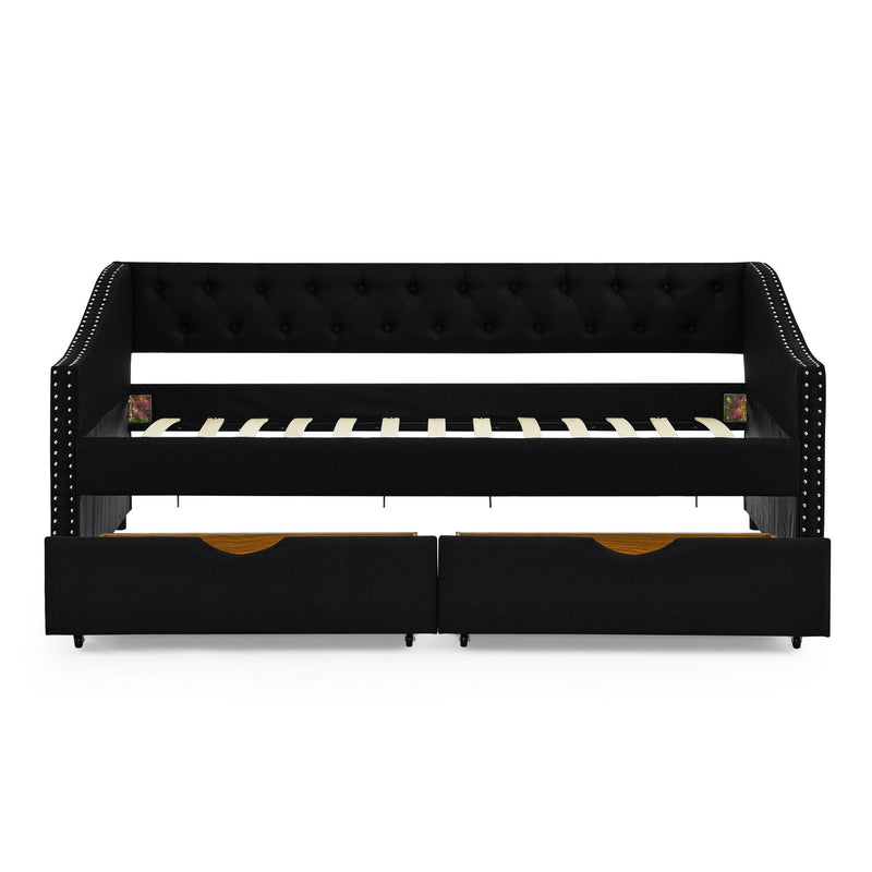 Upholstered Tufted Daybed With 2 Drawers, Waved Arms