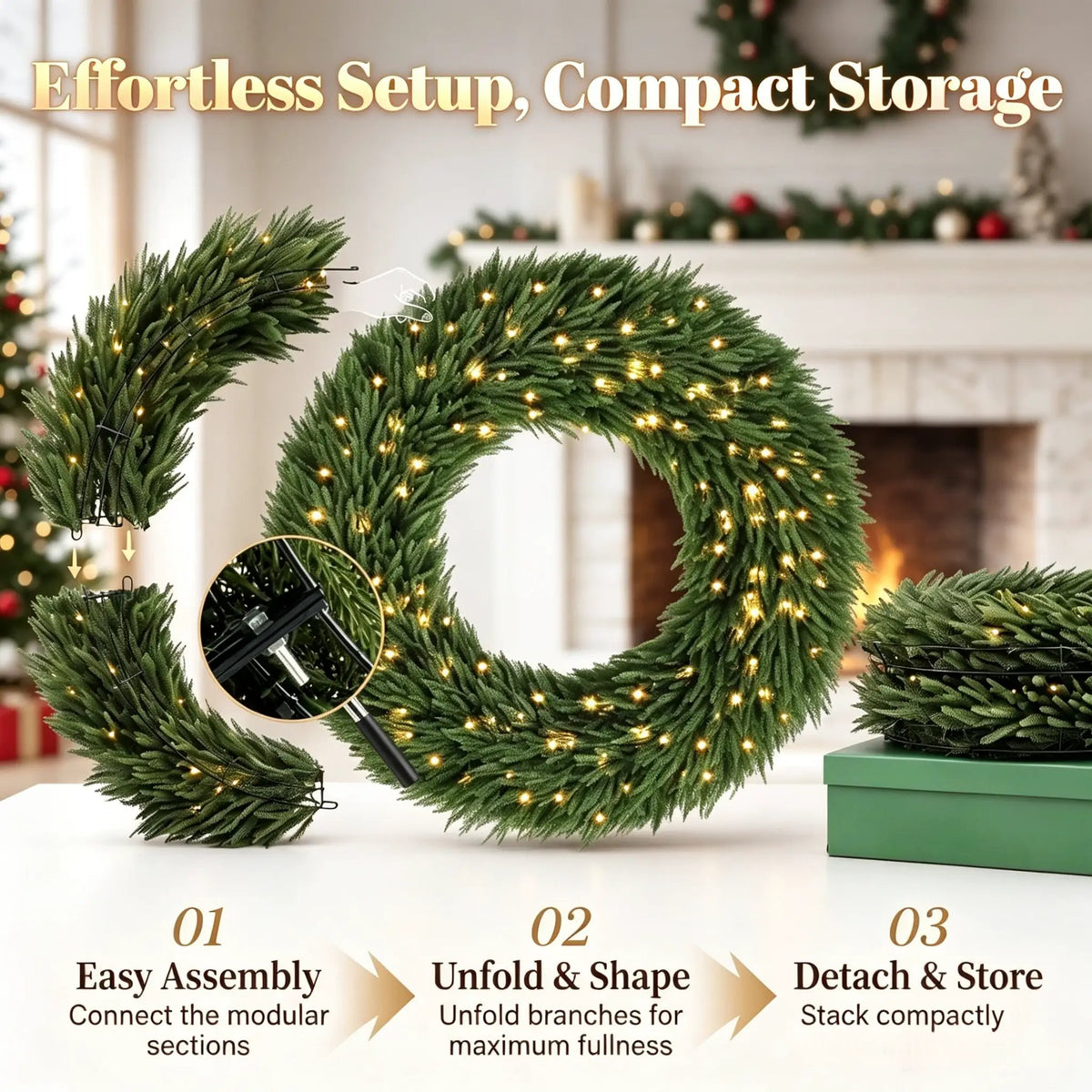 48 In Artificial Norfolk Pine Christmas Wreath, Pre-Lit by HouseOfZazla