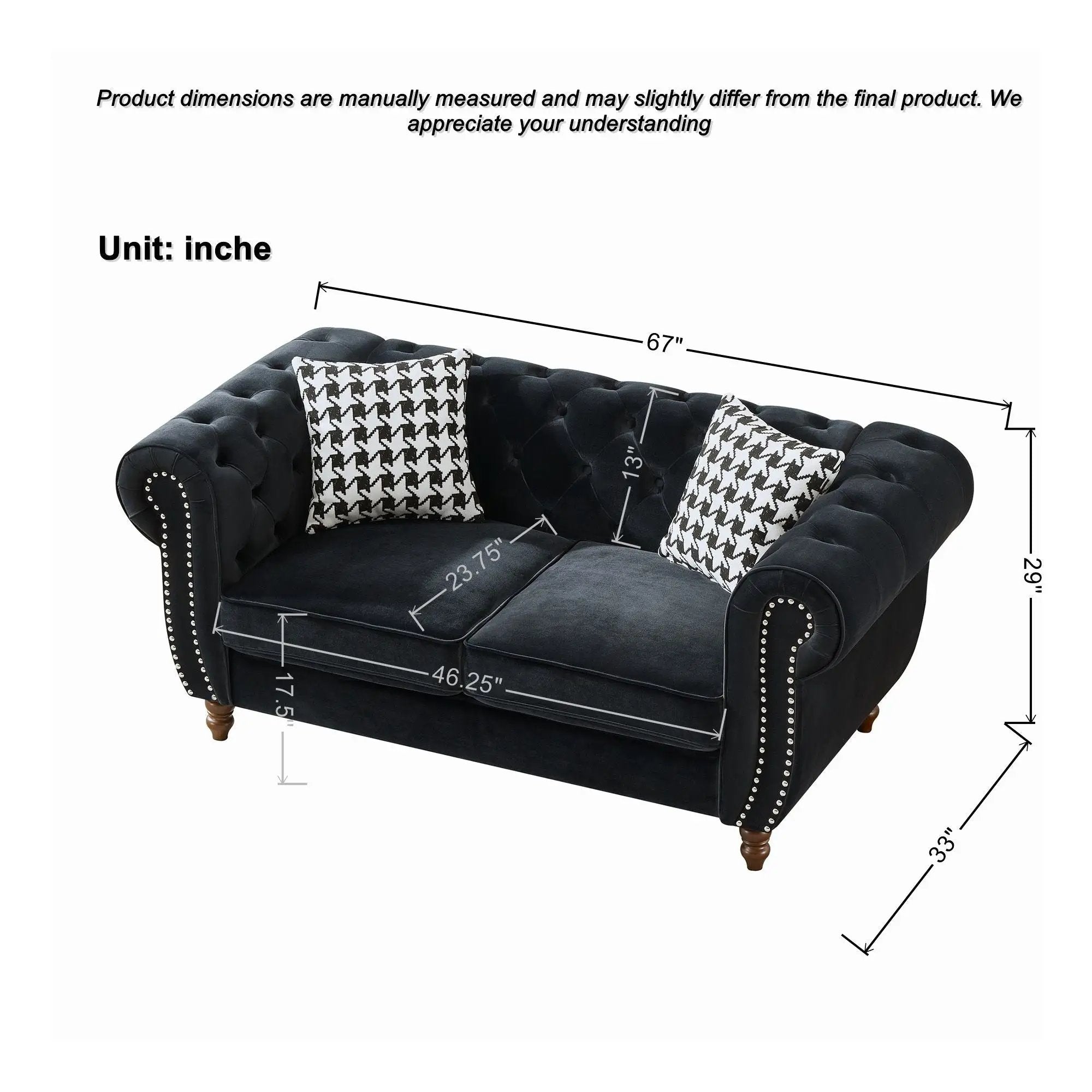 Chesterfield Upholstery Fabric Loveseat With Roll Armrest And Nailhead