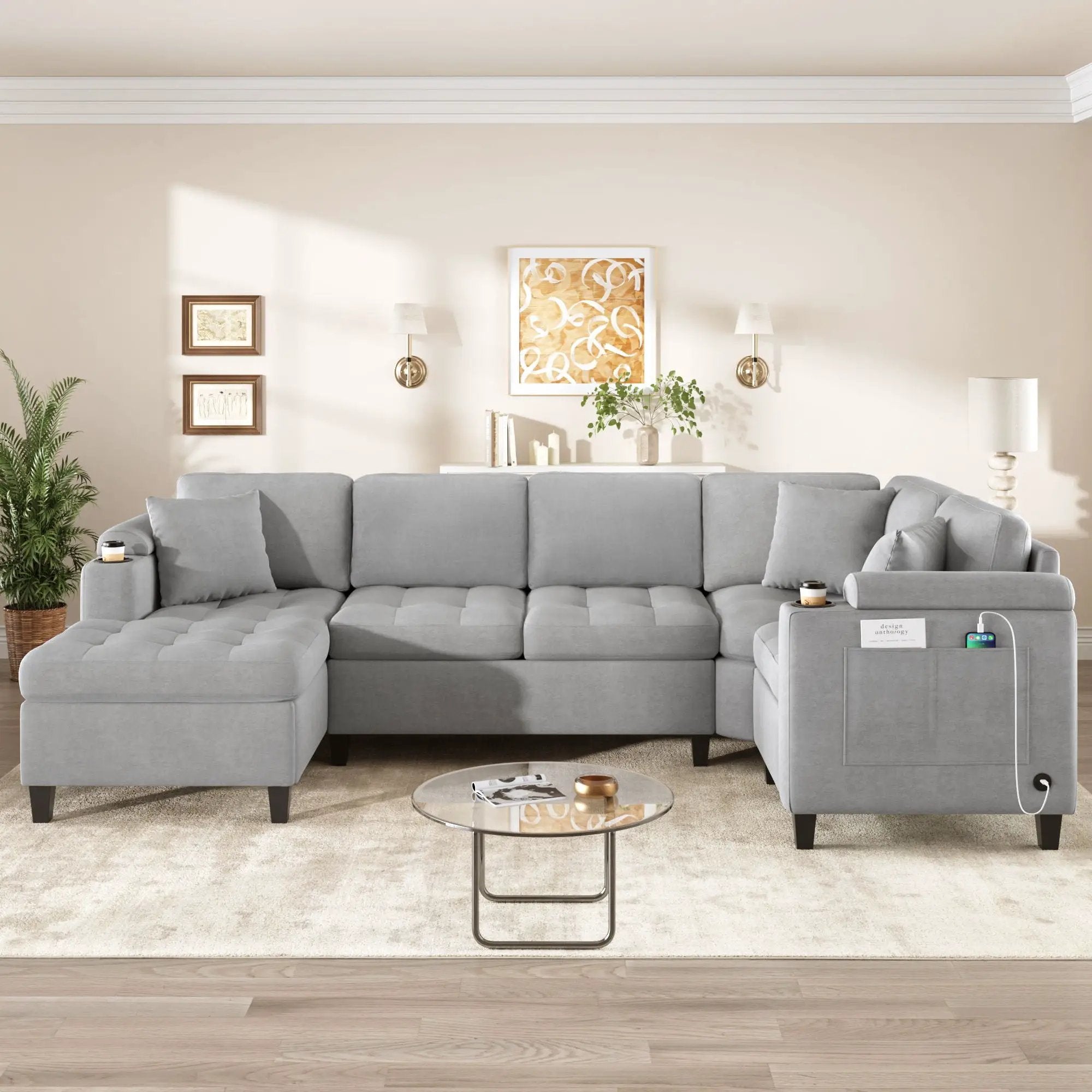 U Shaped Sectional Sofa, Corner Living Room Couch With Built In Cup Holders, Storage, USB Ports by HouseOfZazla