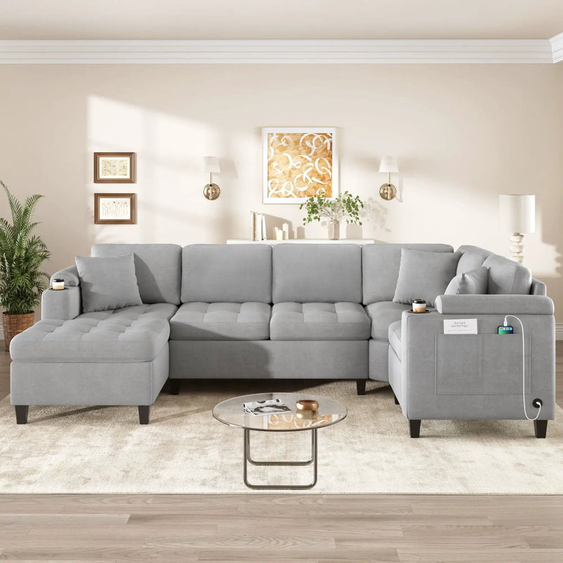 U Shaped Sectional Sofa, Corner Living Room Couch With Built In Cup Holders, Storage, USB Ports by HouseOfZazla