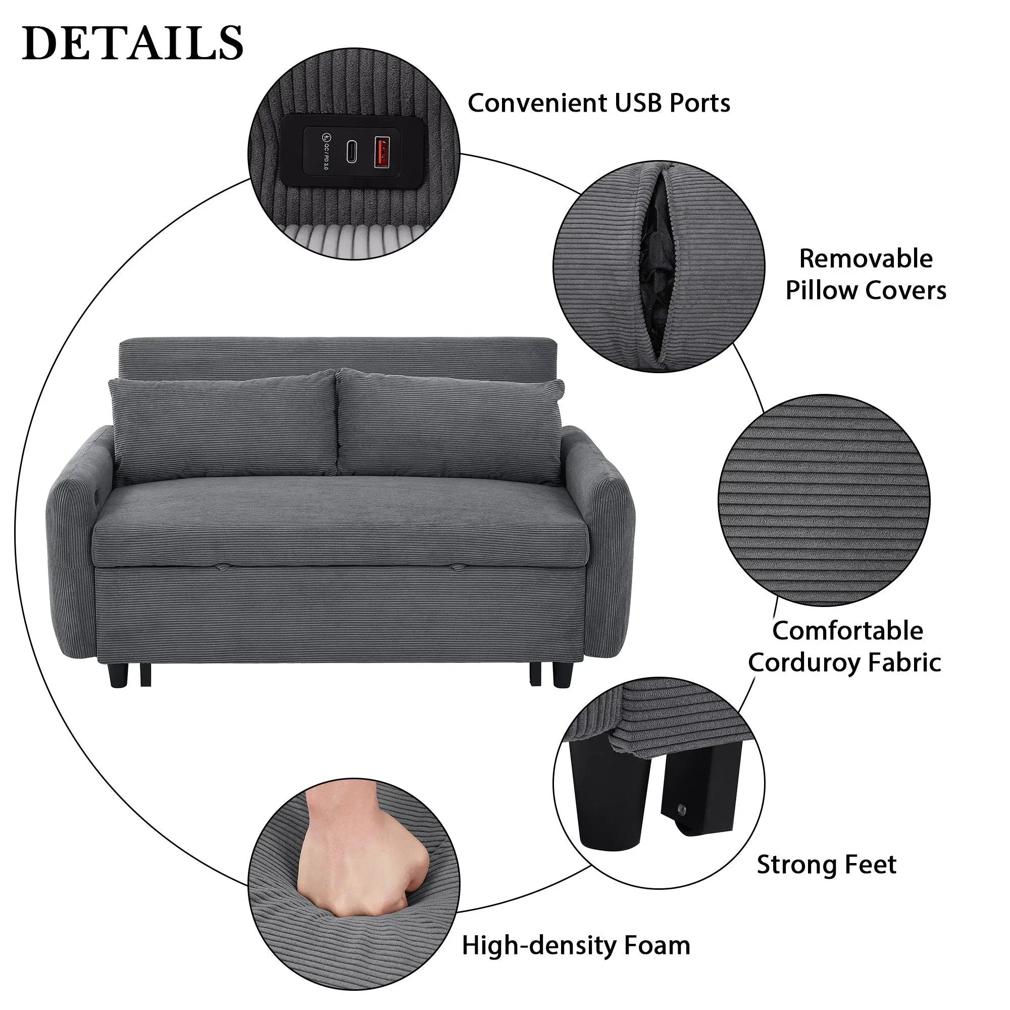 Pull-Out 2 Seat Modern Sleeper Sofa With 2 Throw Pillows And USB Ports by HouseOfZazla