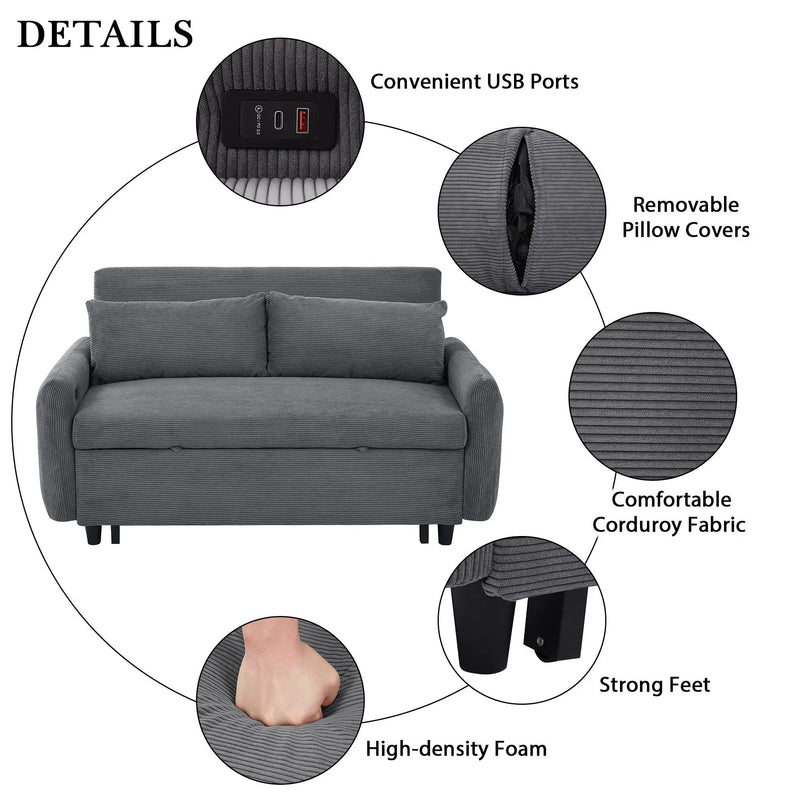 Pull-Out 2 Seat Modern Sleeper Sofa With 2 Throw Pillows And USB Ports by HouseOfZazla