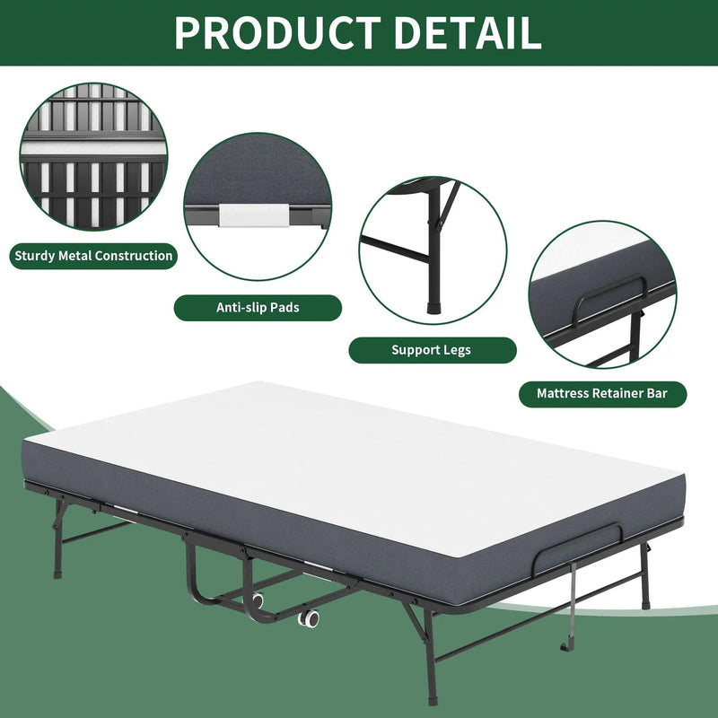 Twin Wide Folding Bed For Tall People, Extra Long & Wide Rollaway With Memory Foam, Heavy-Duty Capacity Guest, Spacious Portable Cot - Black by Unique Piece Furniture