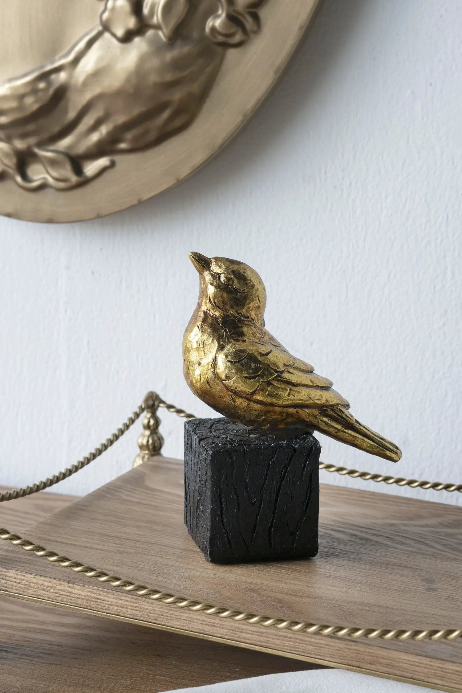Gold Resin Songbird Sculpture On Black Faux Branch by HouseOfZazla