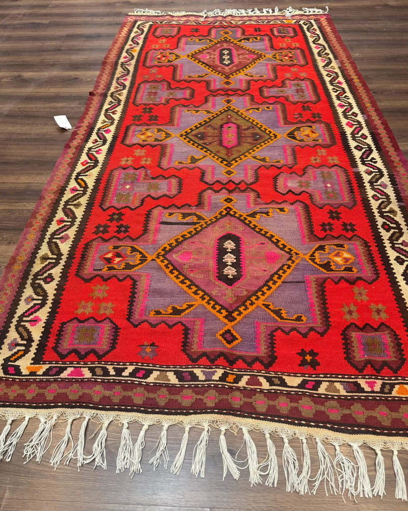 Persian Kurdish Zarand Kilim Rug 5x9, Red, Geometric Medallions, Wide Runner by Jewel Rugs