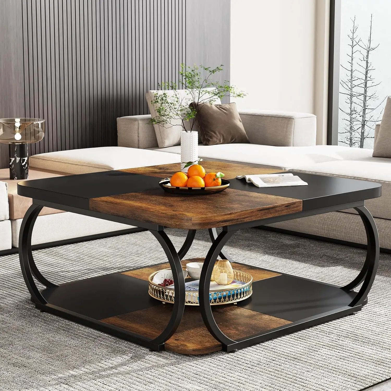 Square Coffee Table With Storage Shelf, 2 Tier For Living Room - Brown / Black by HouseOfZazla