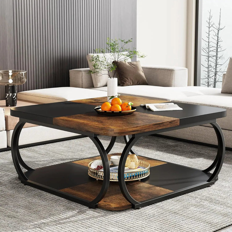 Square Coffee Table With Storage Shelf, 2 Tier For Living Room - Brown / Black by HouseOfZazla