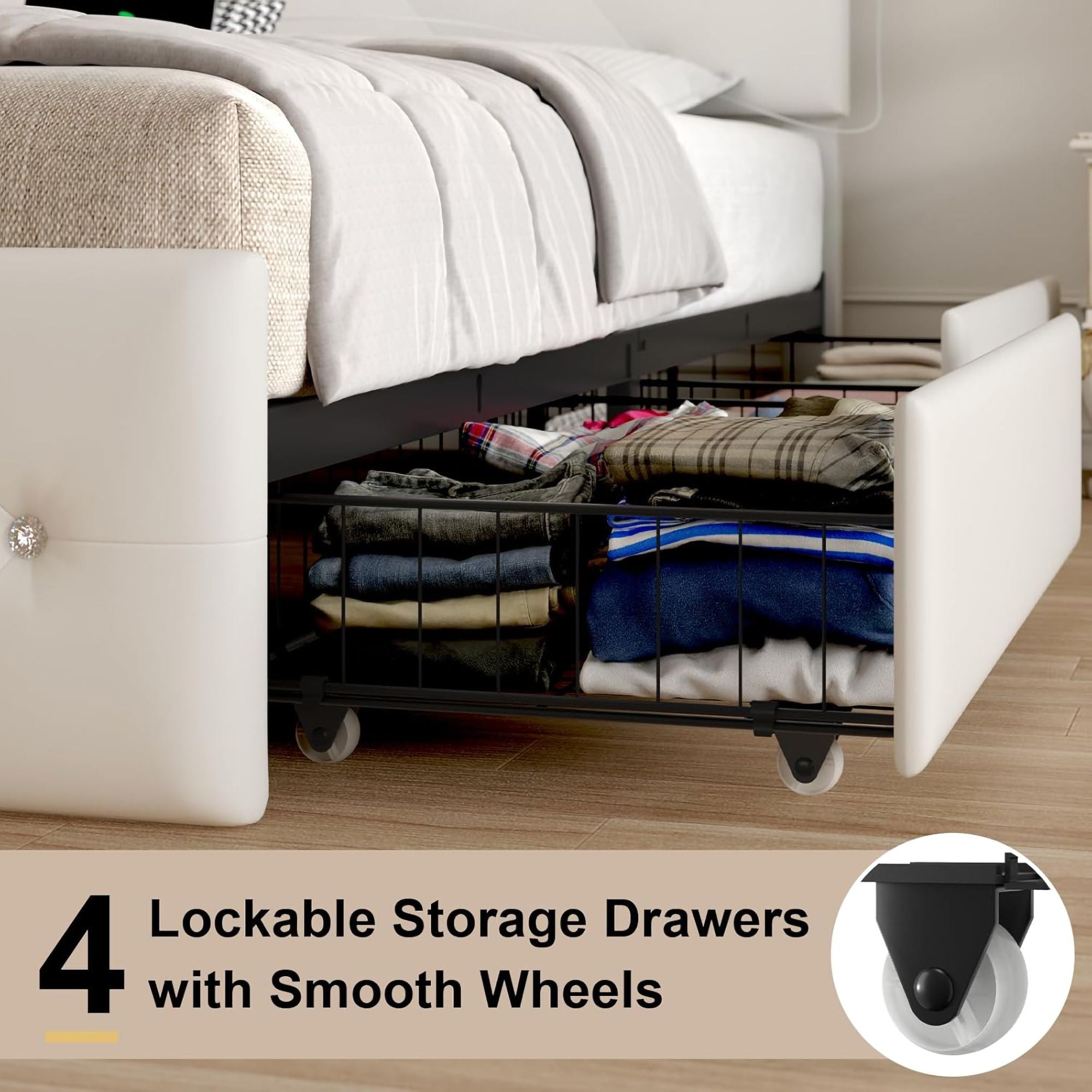 Upholstered Bed Frame With LED Lights, 4 Storage Drawers, Charging Station by HouseOfZazla
