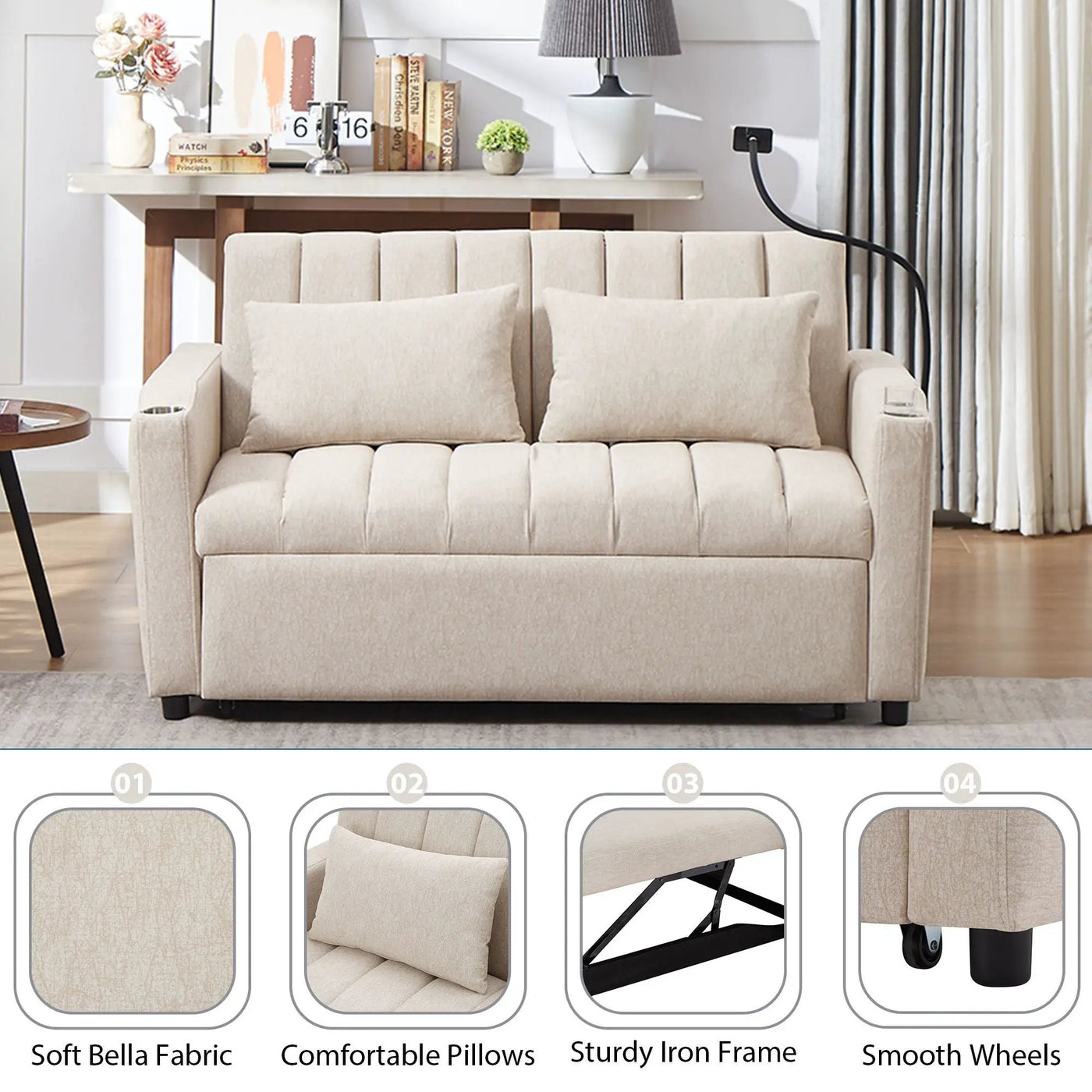 Convertible Sofa Bed Loveseat Sofa With Three USB Ports, Two Side Pockets, Two Cup Holders And 360° swivel Phone Holder For Living Room by Unique Piece Furniture