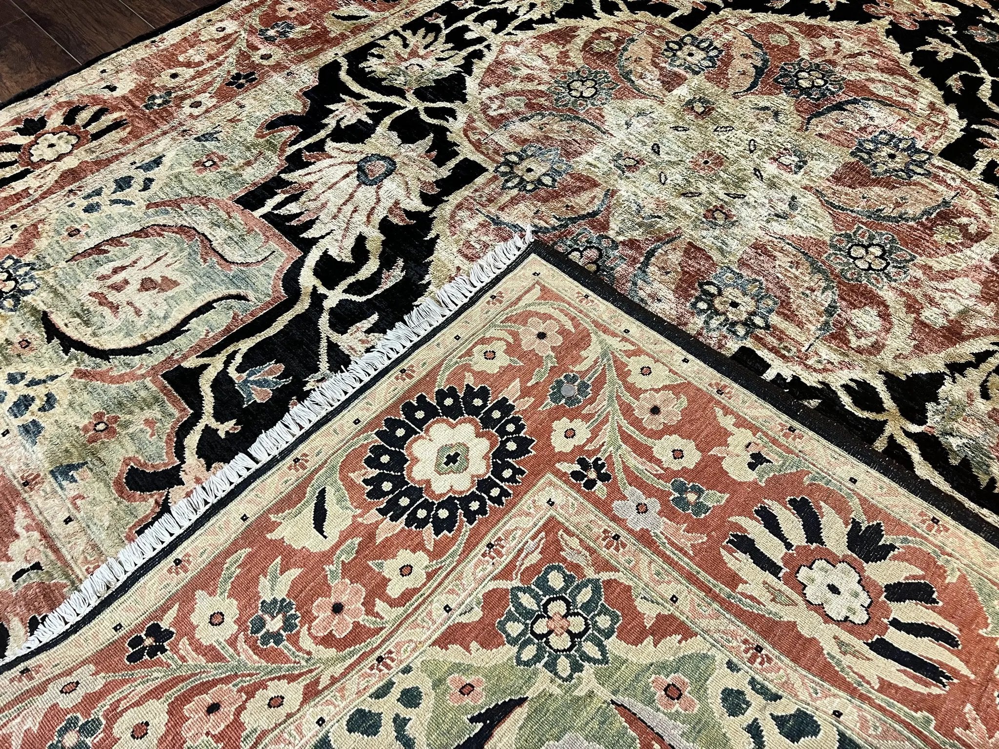 Pak Persian Rug 8x10, Pakistani Mahal Sultanabad Carpet, Signature from Master Weaver, Shiny Wool, Black Red Vintage Handmade Medallion Rug by Jewel Rugs