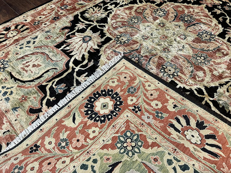 Pak Persian Rug 8x10, Pakistani Mahal Sultanabad Carpet, Signature from Master Weaver, Shiny Wool, Black Red Vintage Handmade Medallion Rug by Jewel Rugs