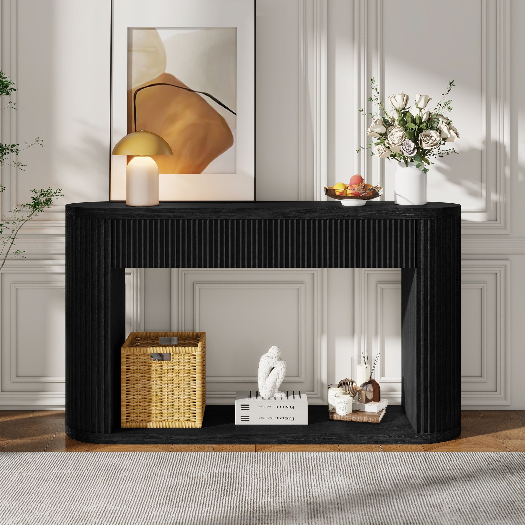 TREXM Oval Fluted Console Table with 2 Drawers and Bottom Shelf by HouseOfZazla