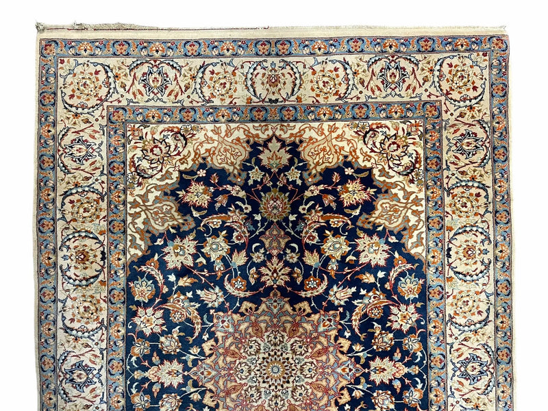 Persian Isfahan Rug 4x5, Navy Blue & Ivory, Wool and Silk Highlights by Jewel Rugs