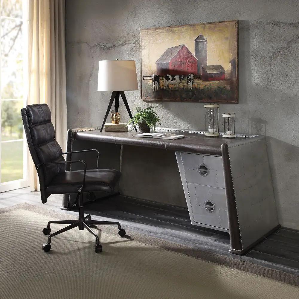 Brancaster - Executive Writing Desk - Distress Chocolate Top Grain Leather & Aluminum by Unique Piece Furniture