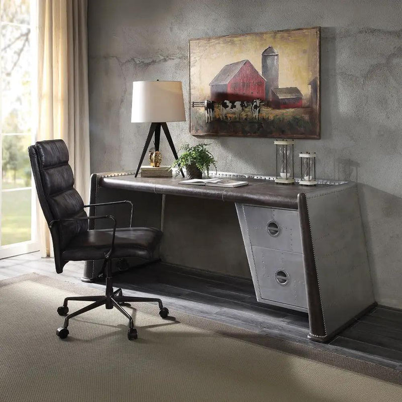 Brancaster - Executive Writing Desk - Distress Chocolate Top Grain Leather & Aluminum by Unique Piece Furniture