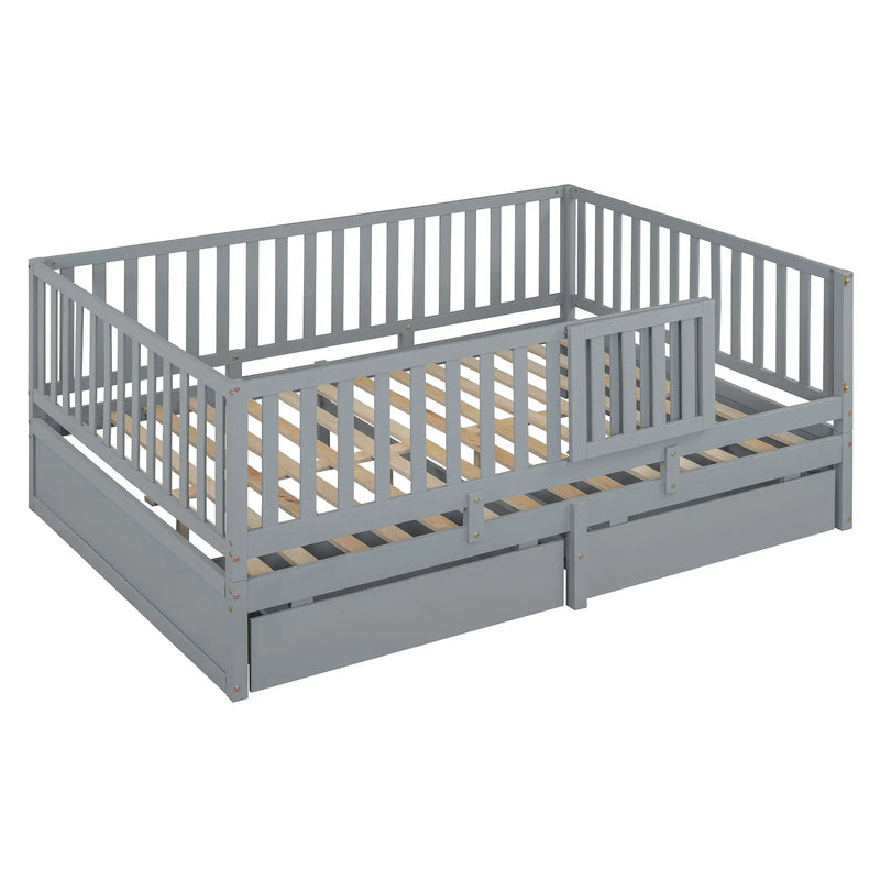 Daybed With Fence Guardrails And 2 Drawers, Split Into Independent Floor Bed & Daybed by HouseOfZazla