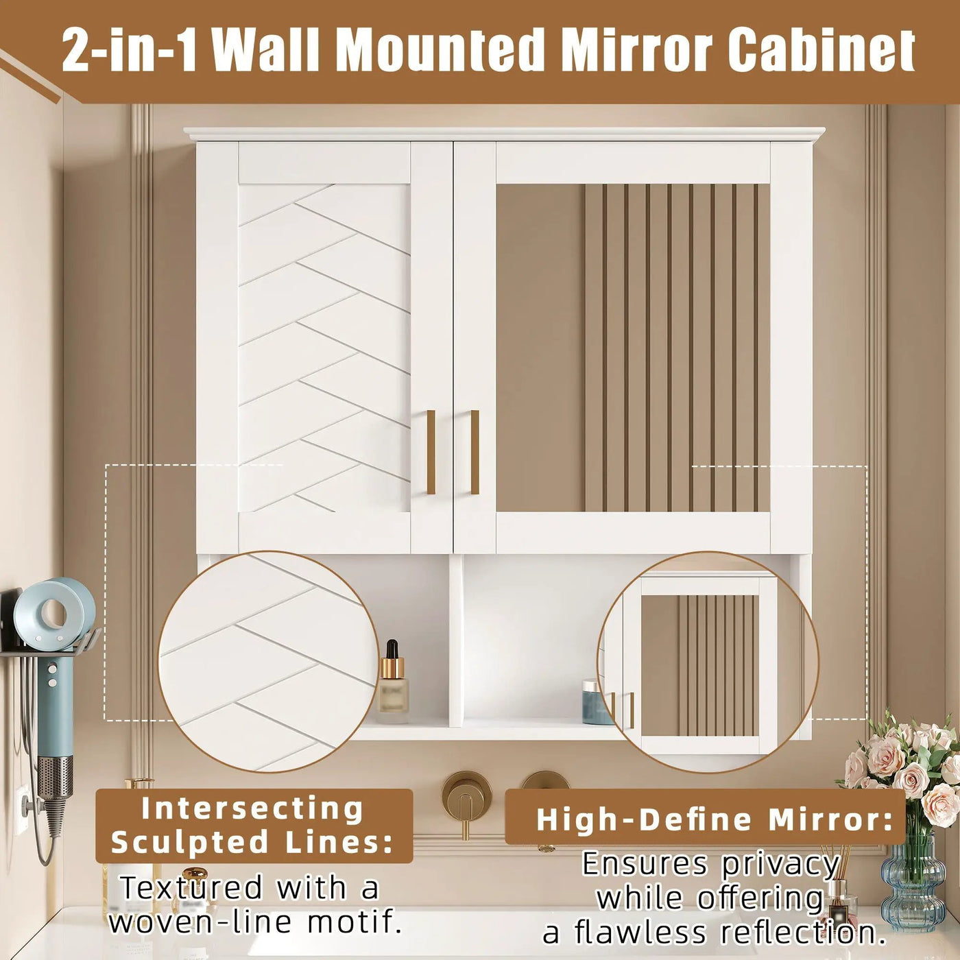 2 In 1 Wall-Mounted Mirror Cabinet With Adjustable Shelves, Soft-Close Doors, High-Definition Mirror & Storage by Unique Piece Furniture