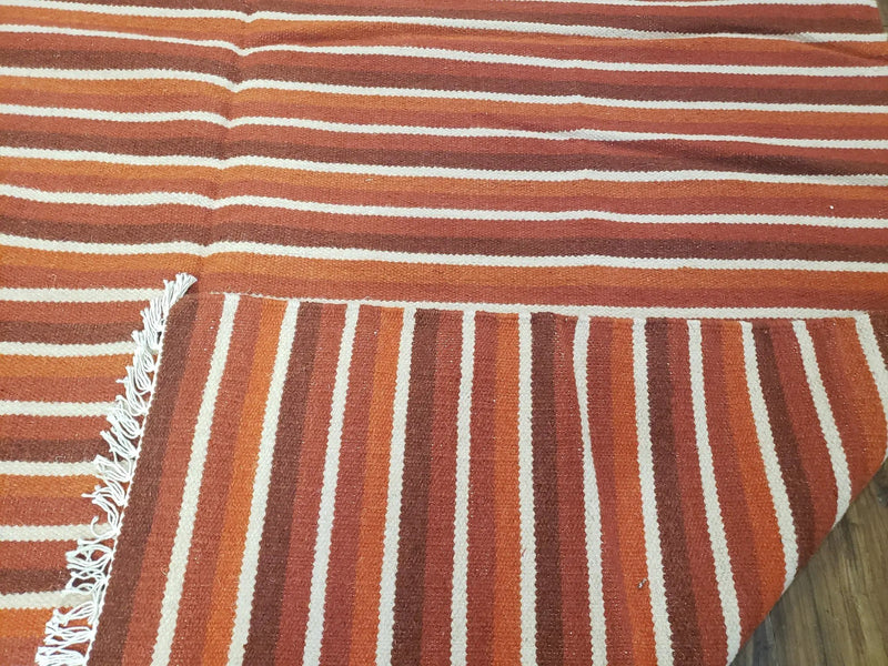 Large Striped Woolen Handmade Throw Blanket, Twin Size Bedding Hand-Woven, Indian Kilim Area Rug, 6x8 - 7x8, South American Style Textile by Jewel Rugs