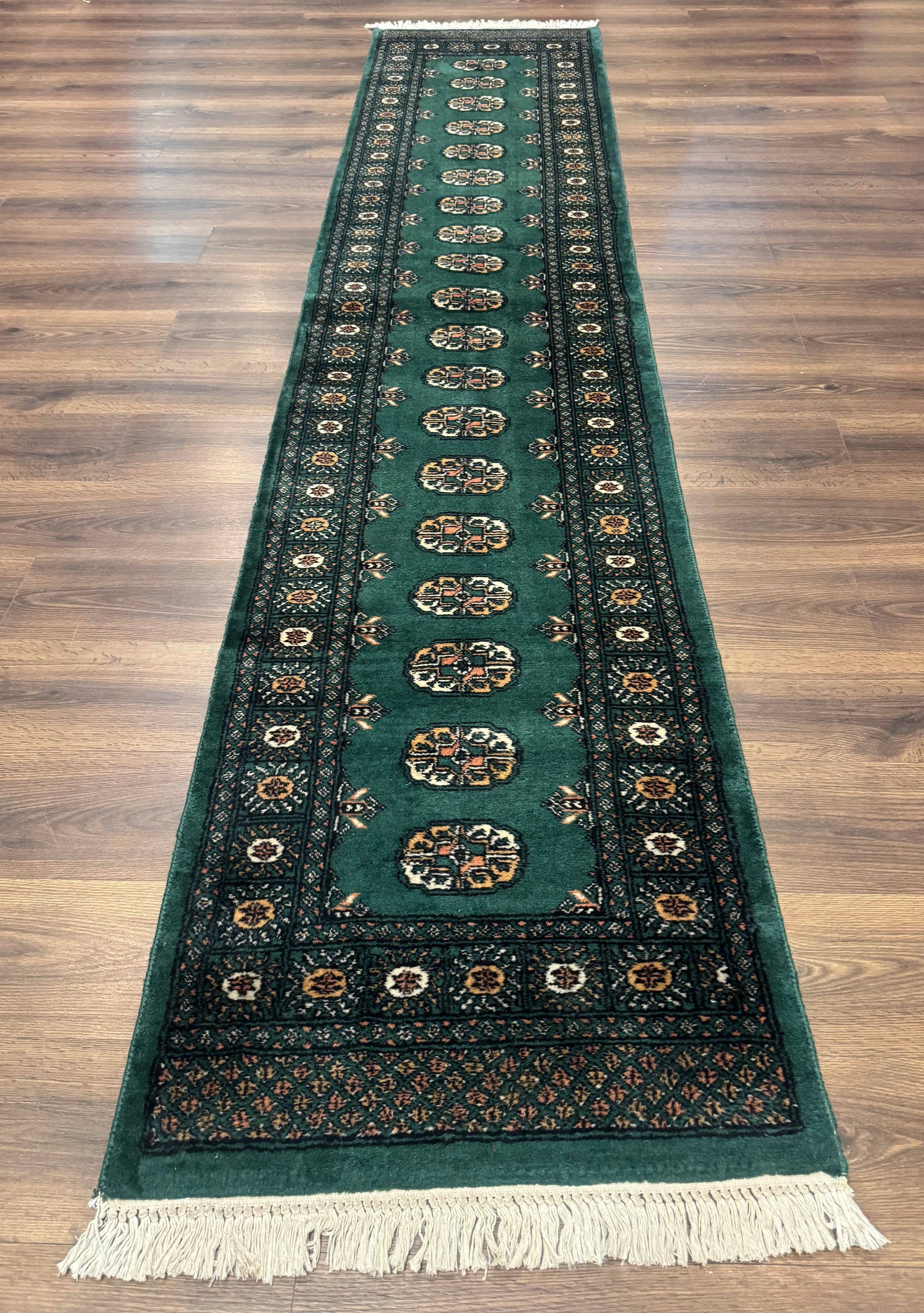 Pakistani Bokhara Runner Rug 2.5 x 11, Green Turkoman Wool Runner for Hallway by Jewel Rugs